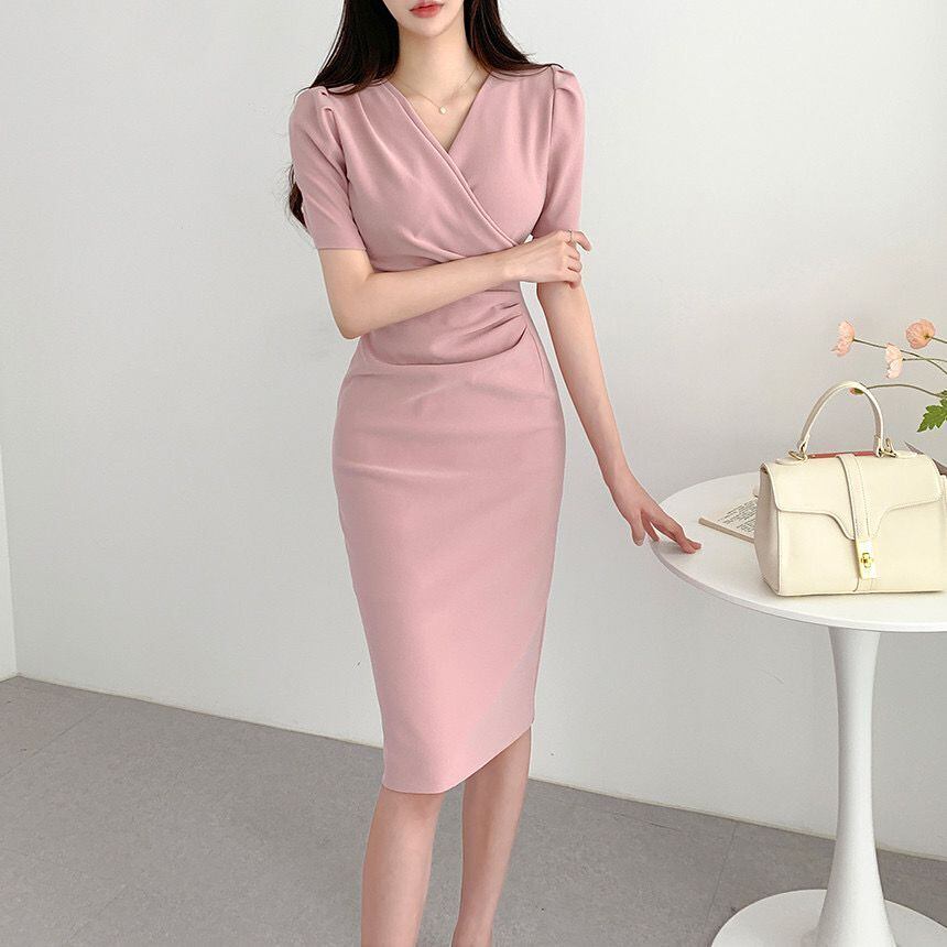 【dress】韓流スタイルchic気質満点Vネックパフスリーブ不規則スリットワンピース G12993