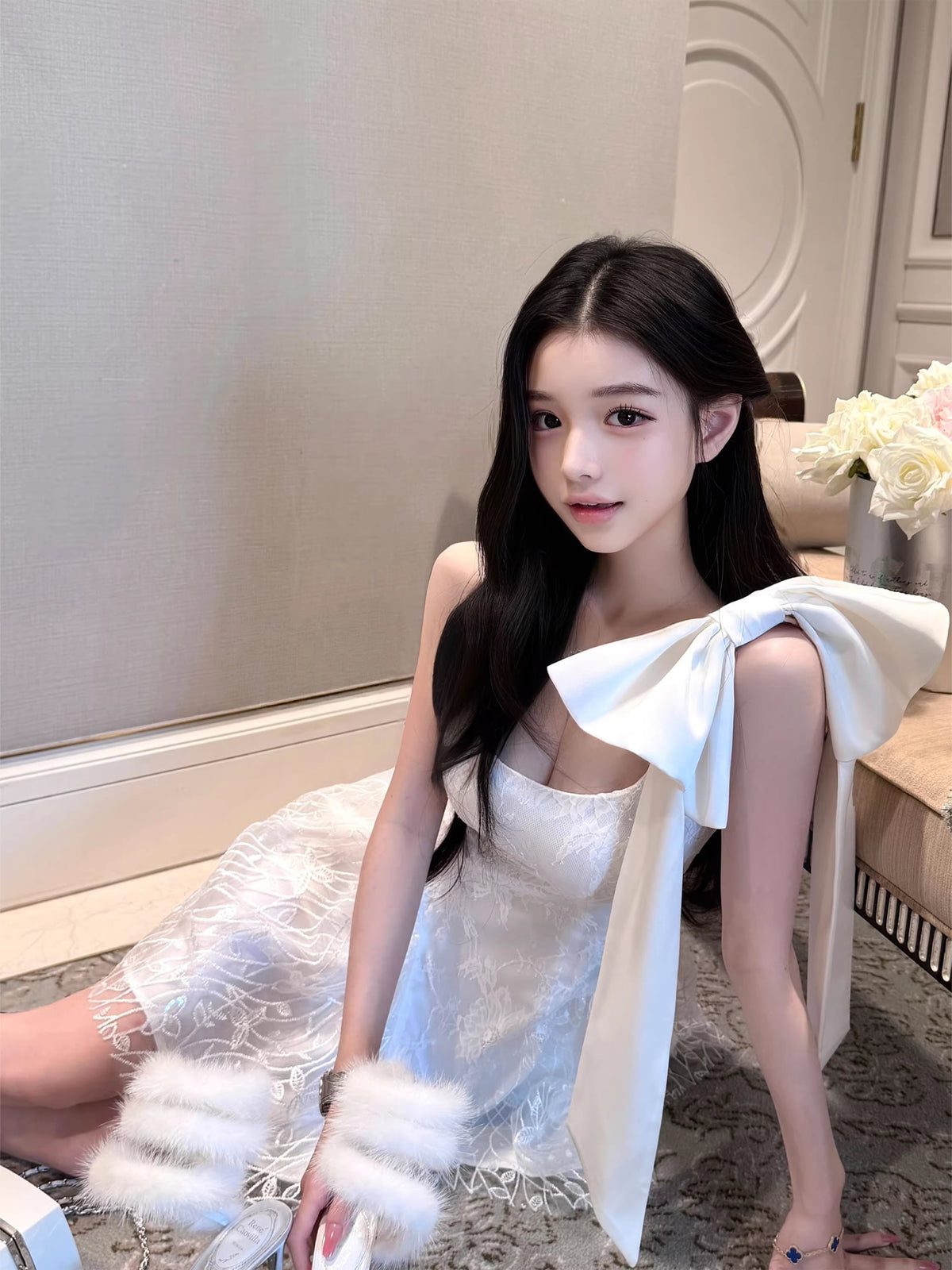 【dress】リボン付きレースキャミワンピース Q8385