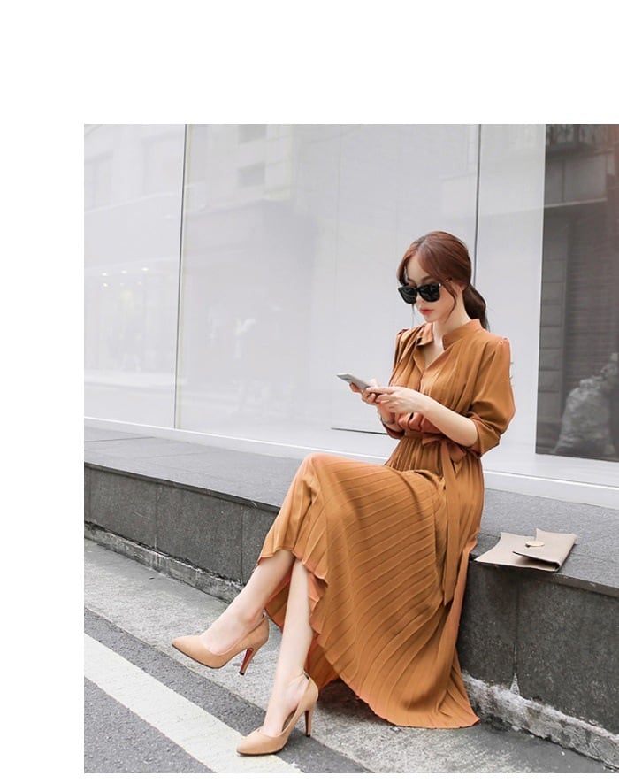 【dress】韓国風 好感度UP!気質満点レトロ着痩せ長袖シフォンワンピース