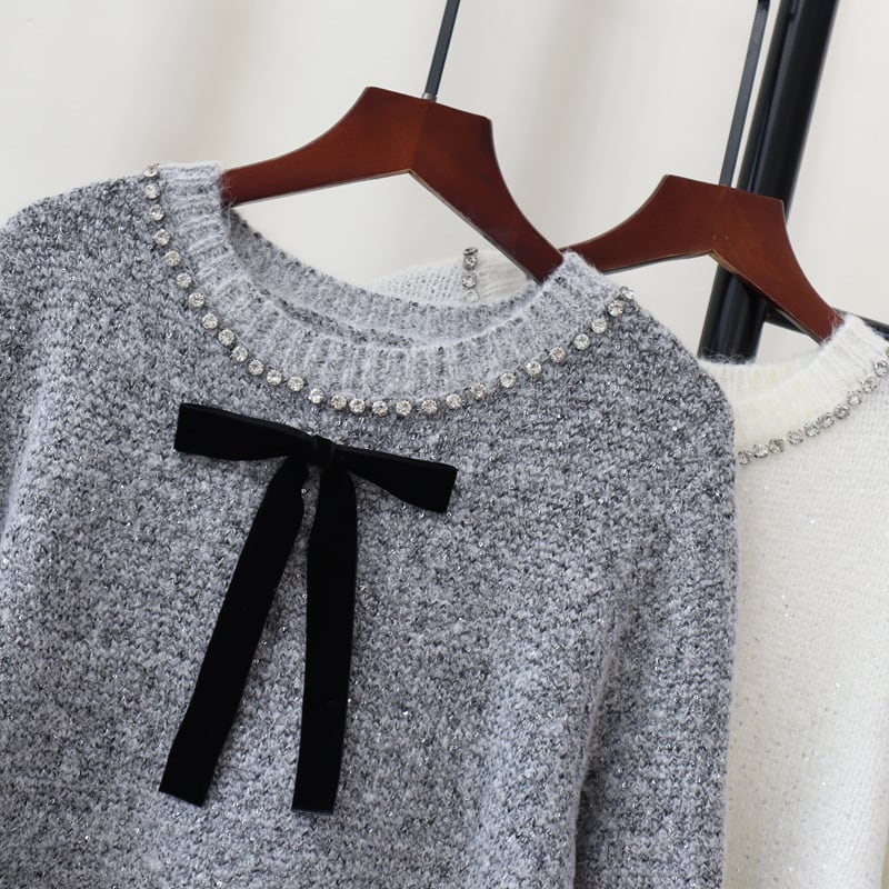 【tops】ビジューリボン付きニットセーター　M28375