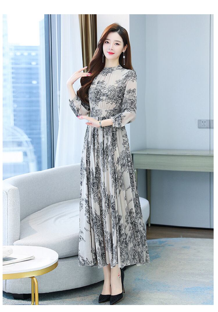 【dress】今季トレンド7分袖ウェスト絞りギャザー海旅行花柄配色大振り子シフォンロング丈ワンピースF1732