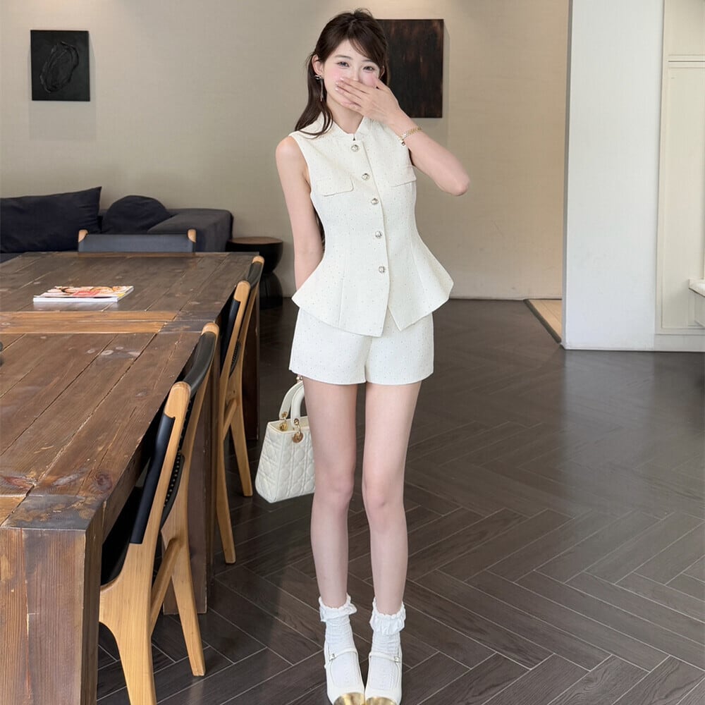 【set】ペプラムノースリーブトップス×ショートパンツセット     N3561