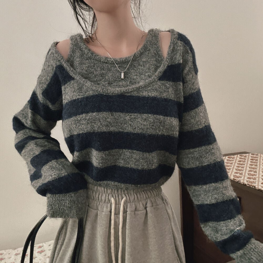【tops】ボーダー柄切り替えニットセーター　M27774