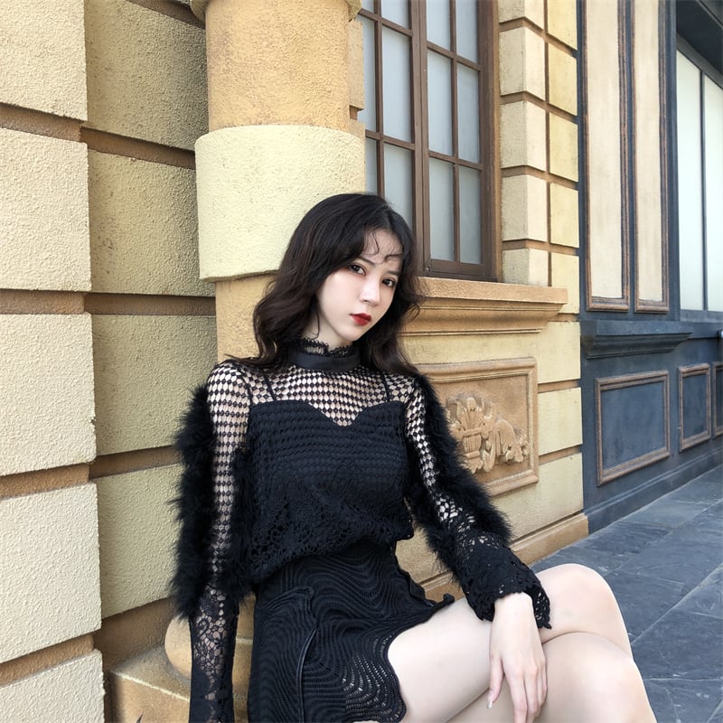 【set】カットワークレーストップス×キュロットスカートセット    N2720