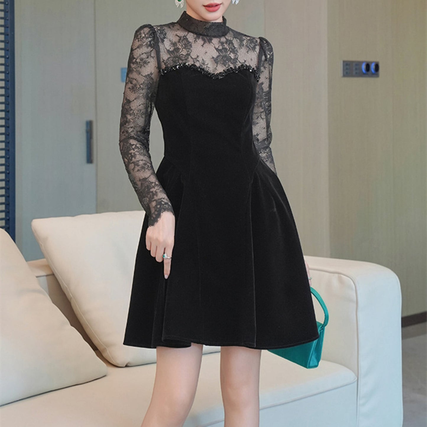 【dress】レースドッキングベロアワンピース　N3423