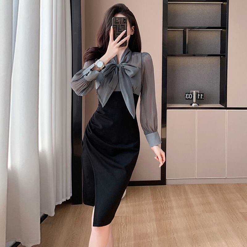 【dress】長袖偽二つ切り替えリボンワンピース G17925