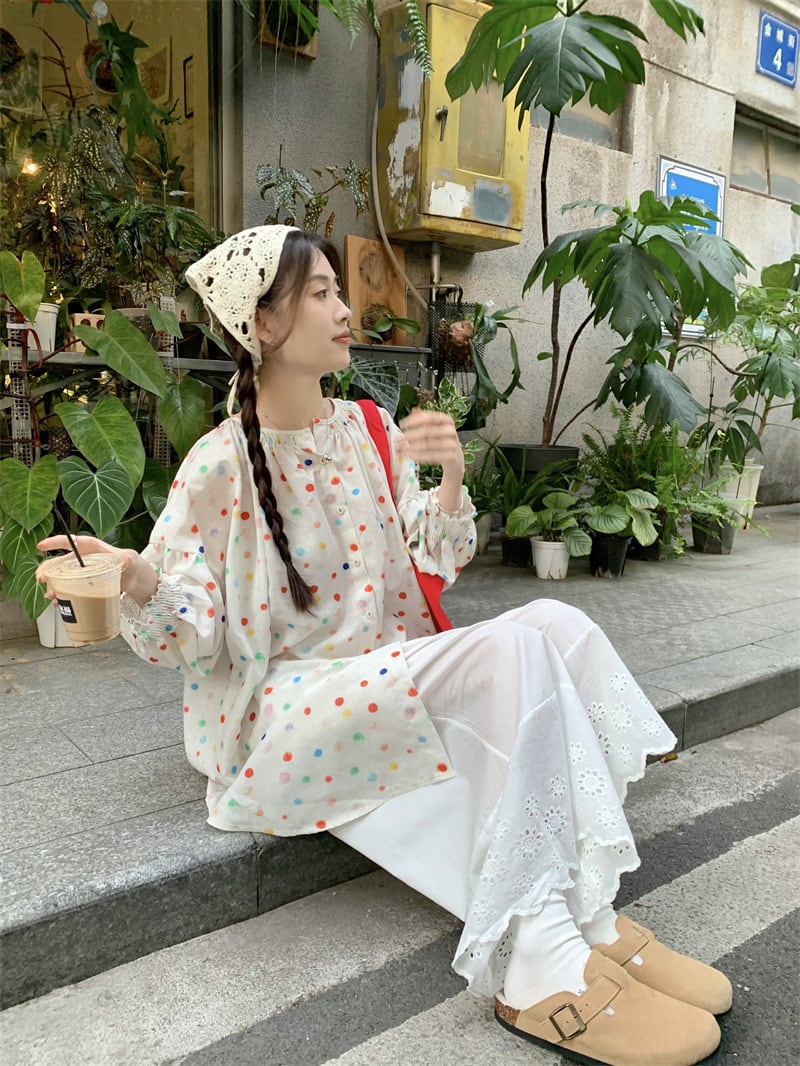 【set】ドット柄トップス×ワイドパンツセット　M24768