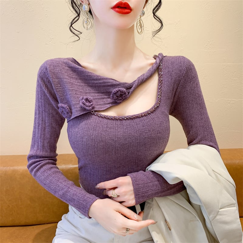 【tops】ビジュー立体フラワーニットトップス　M27727