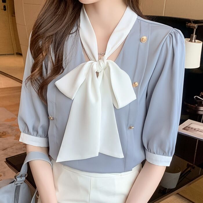 【tops】韓国ファッションタイカラー半袖配色着回しシンプルゆったりブラウスF0131