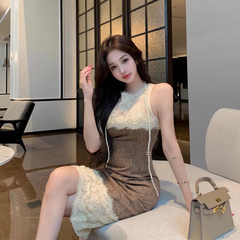【dress】ノースリーブレースドッキングワンピース Q8023