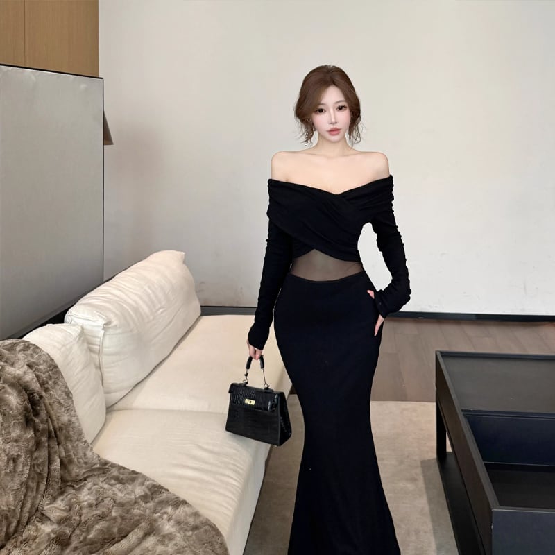 【dress】オフショルチュールドッキングワンピース Q7418