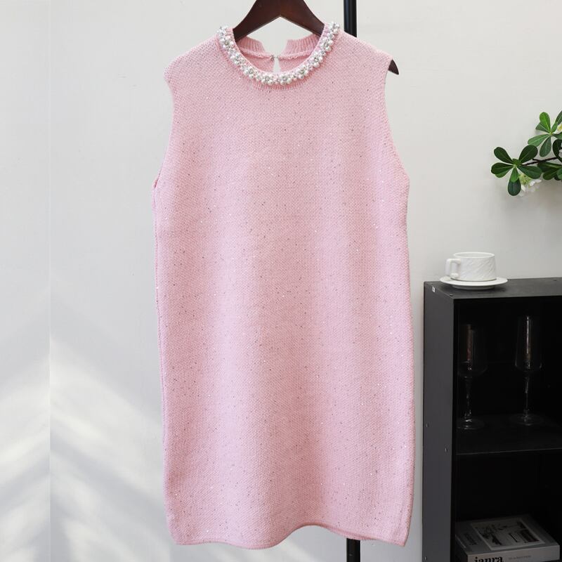 【dress】パール付きノースリーブニットワンピース Q7323