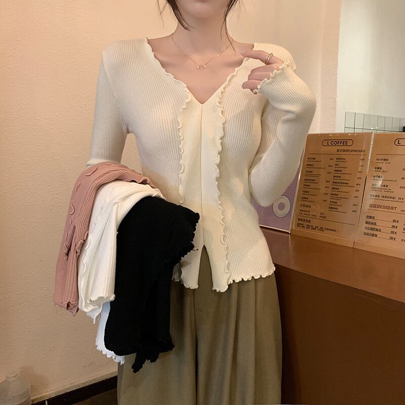 【tops】Vネックフリルニットトップス　M18839