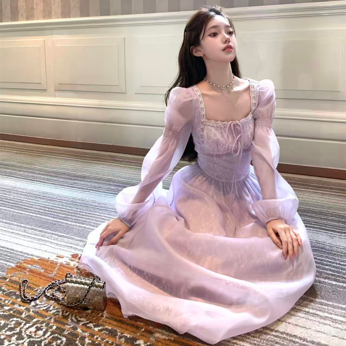 【dress】スクエアネックレースロングワンピース Q6388