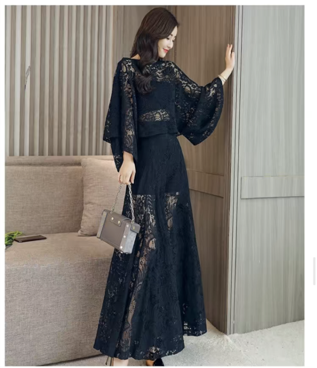 【set】ラウンドネックレース透かし彫りトップス（インナー付き)+カジュアルパンツ2点セット F1922