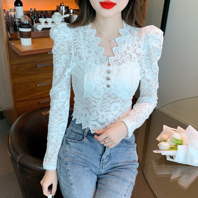 【tops】レースパフスリーブトップス　M18847
