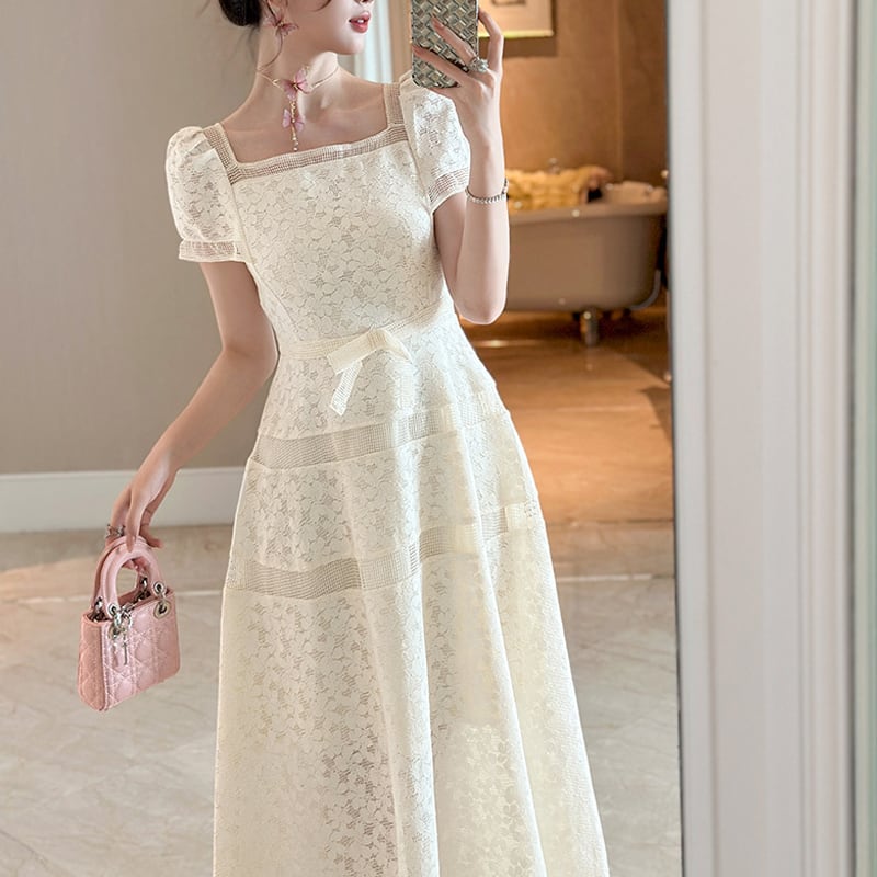 【dress】半袖スクエアネックレースロングワンピース Q8482