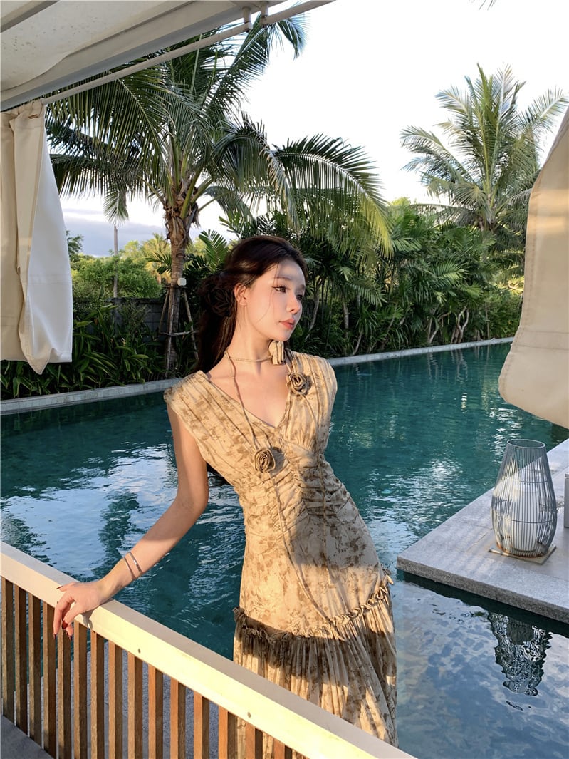 【dress】Vネックプリントワンピース　M24584
