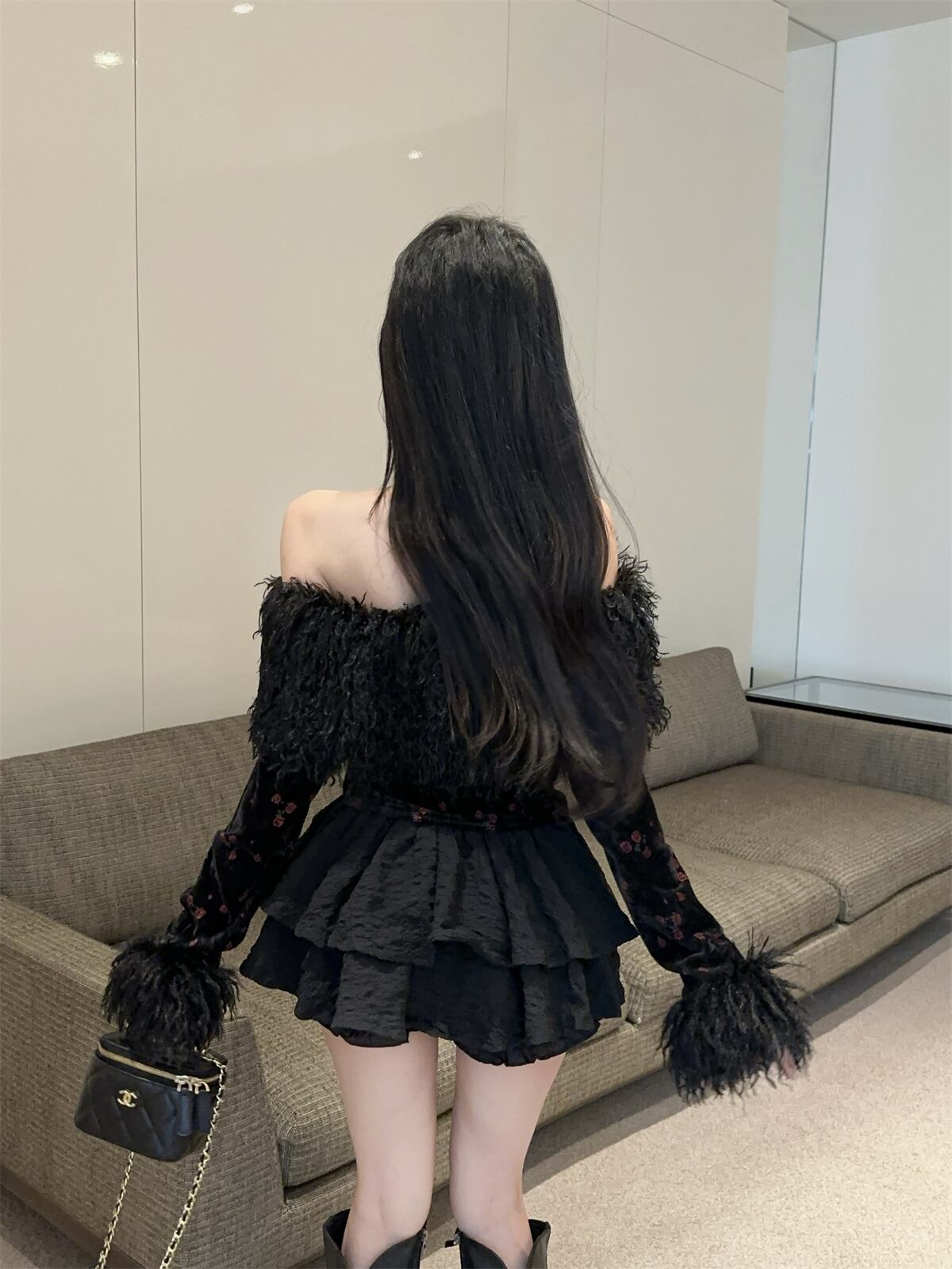 【set】ファードッキング花柄オフショルダー裹起毛トップス×リボン付きスカートセット　M28464