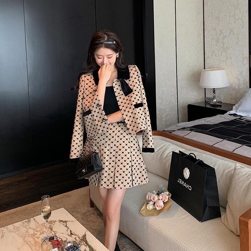 【set】気質満点チェック柄リボンアウター+スカートオシャレ２点セット G3106