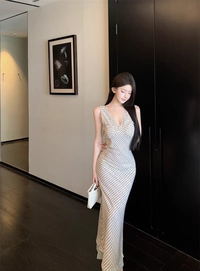 【dress】チェック柄ノースリーブロングワンピース Q8219