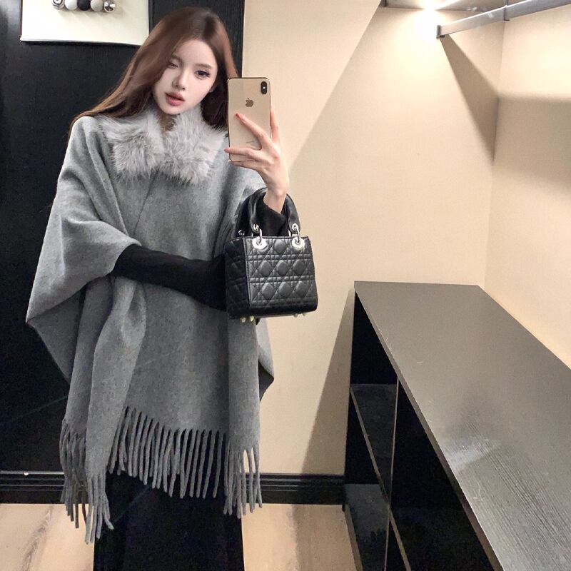 【set】ファー付きショール×ニットワンピースセット Q6987