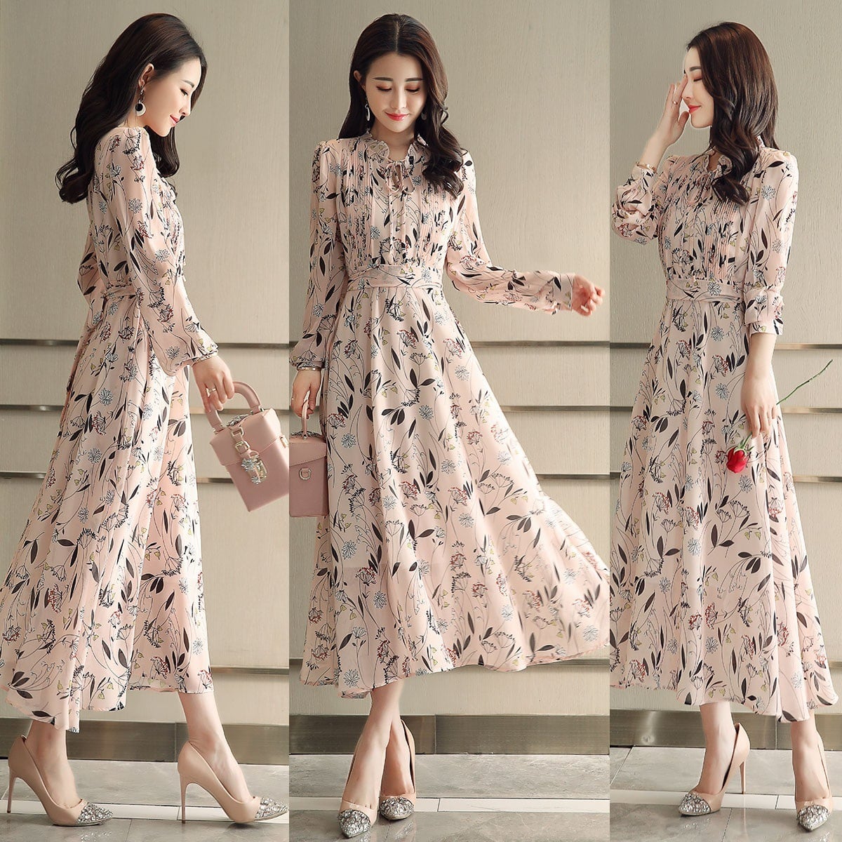 【dress】好感度UP!気質満点レトロ春秋 韓国系シフォン花柄ワンピース G1822