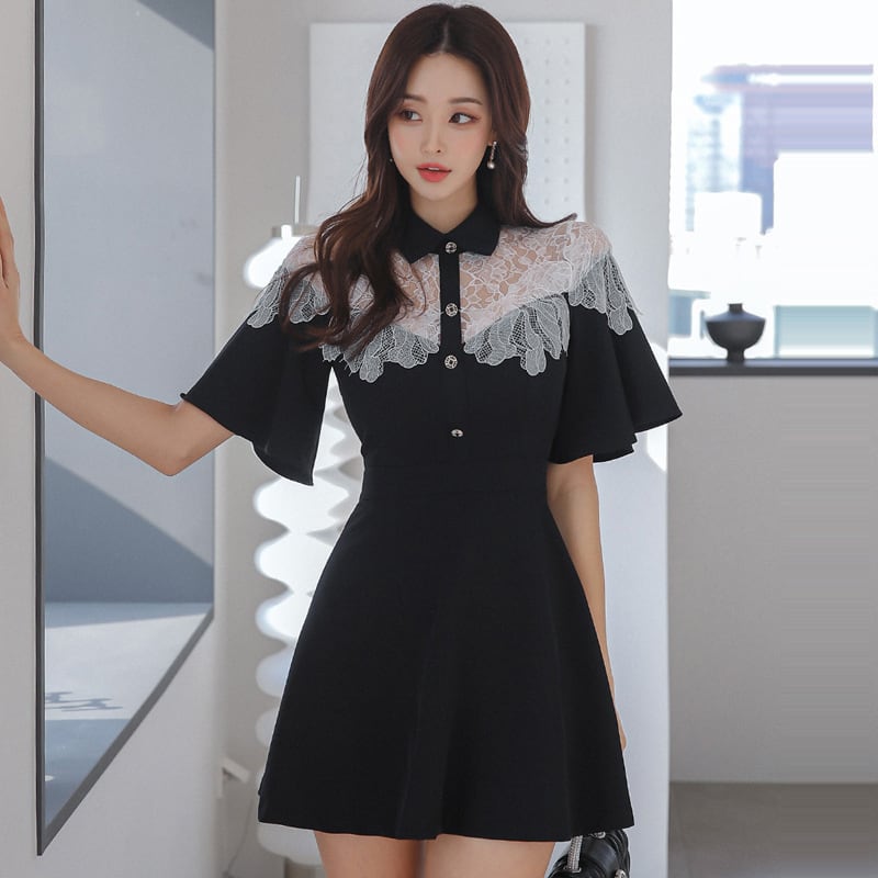 【dress】レース切り替え透かし彫りワンピース G21483