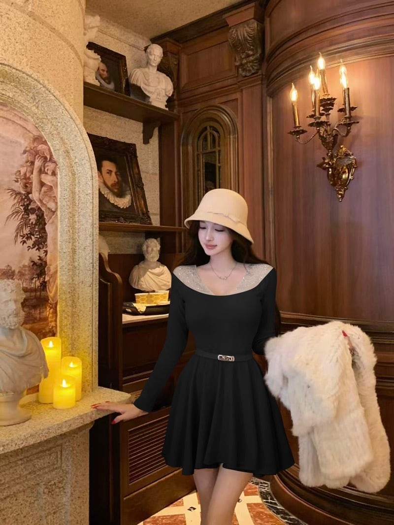 【dress】ラインストーンチュールニットミニワンピース　N3508
