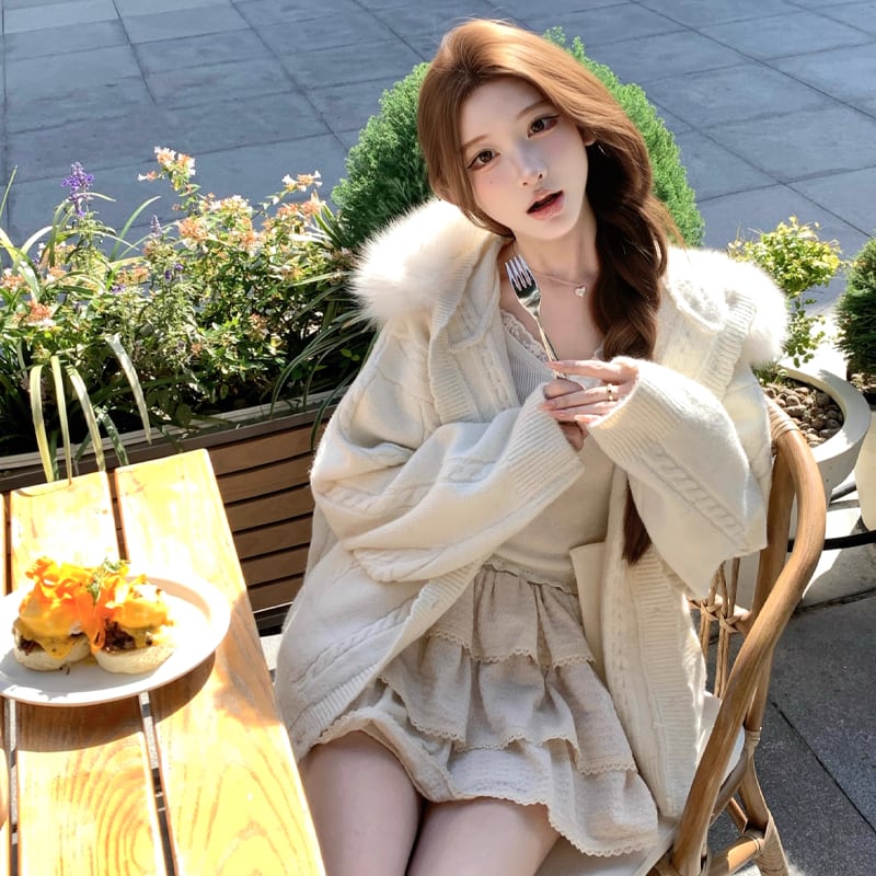 【outer】ファー付きニットカーディガン Q7253
