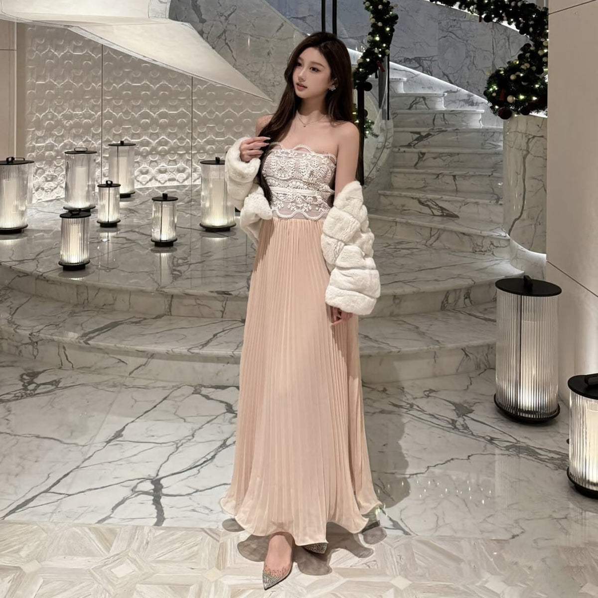 【dress】レースドッキングプリーツロングワンピース N3526