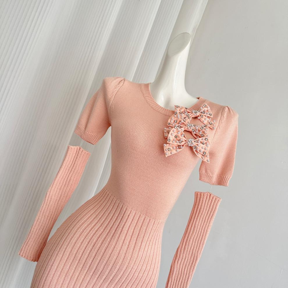 【dress】パールリボン付きニットワンピースアームカバー付き　M27726
