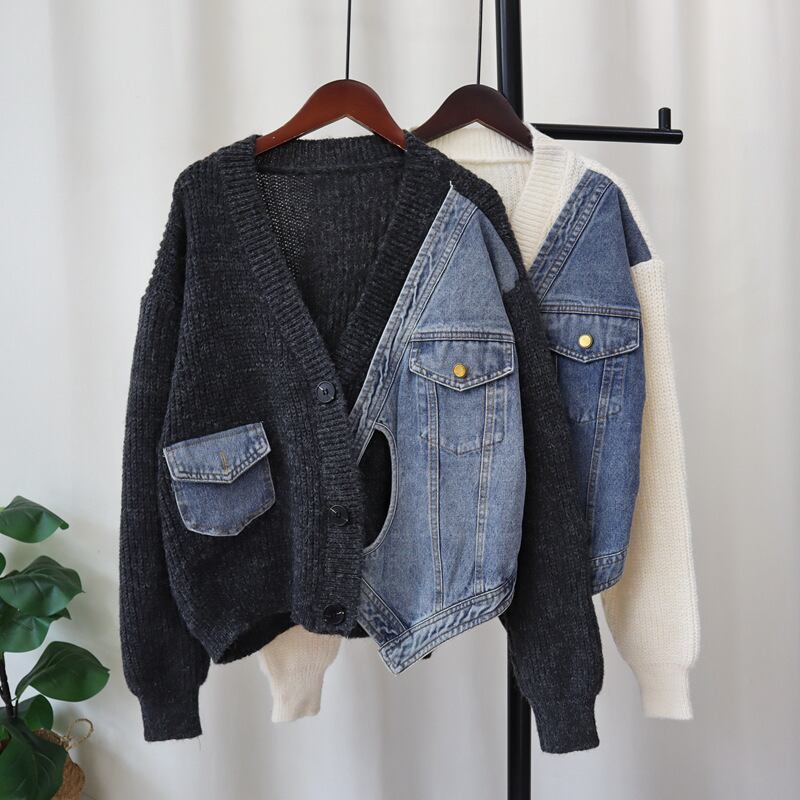 【outer】デニム切り替えニットカーデ　M27542