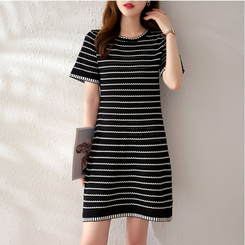 【dress】ストライプ柄ニットAラインワンピース G21126