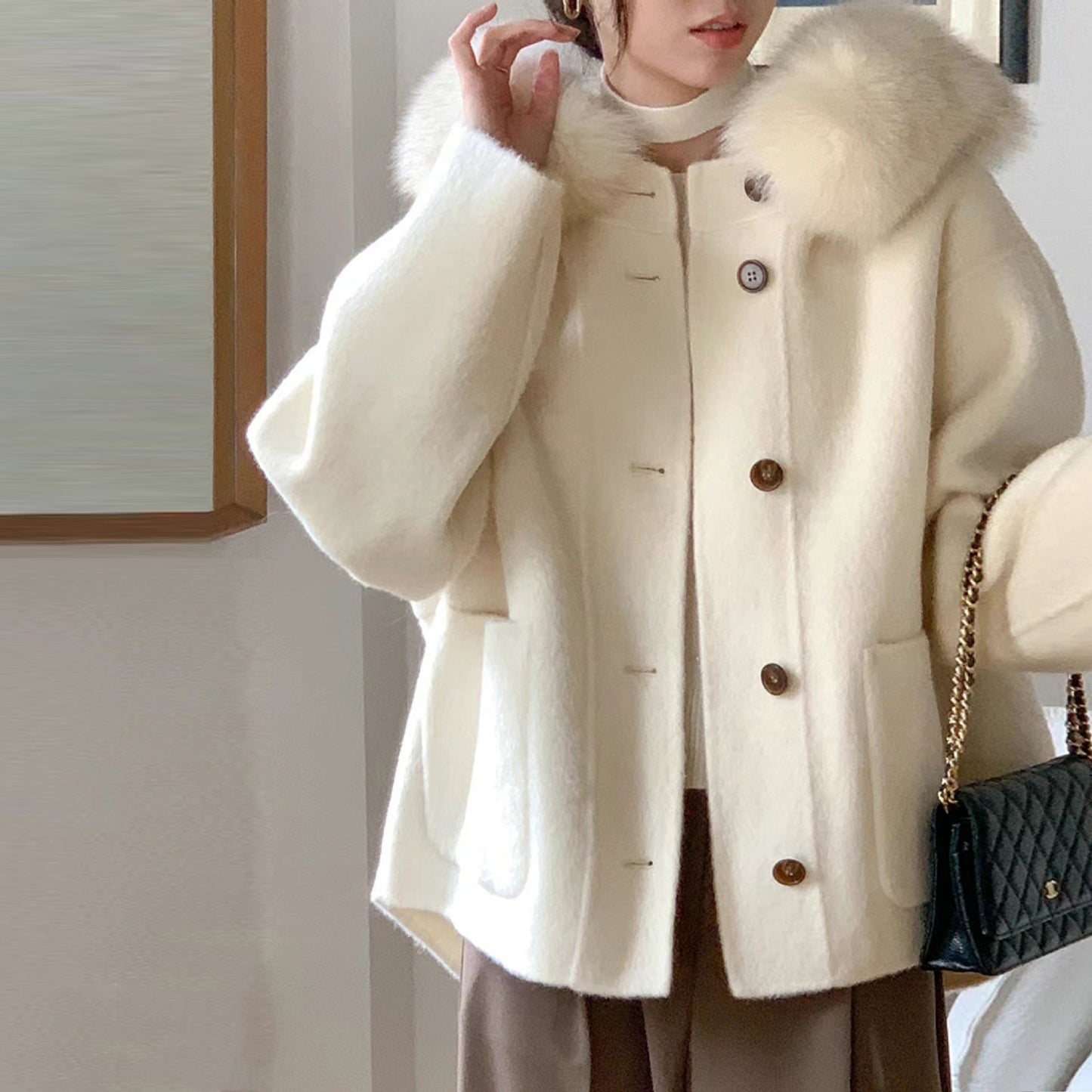 【outer】ファーフード付きコート　M28349