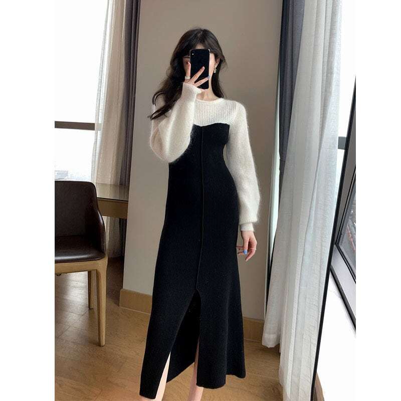 【dress】好感度UP!気質満点カラーマッチングレトロスリット着痩せニットワンピース G3908