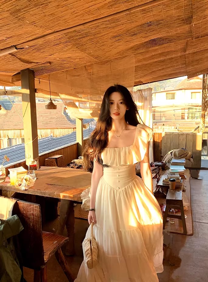 【dress】バックオーポンフリルロングワンピース Q8454