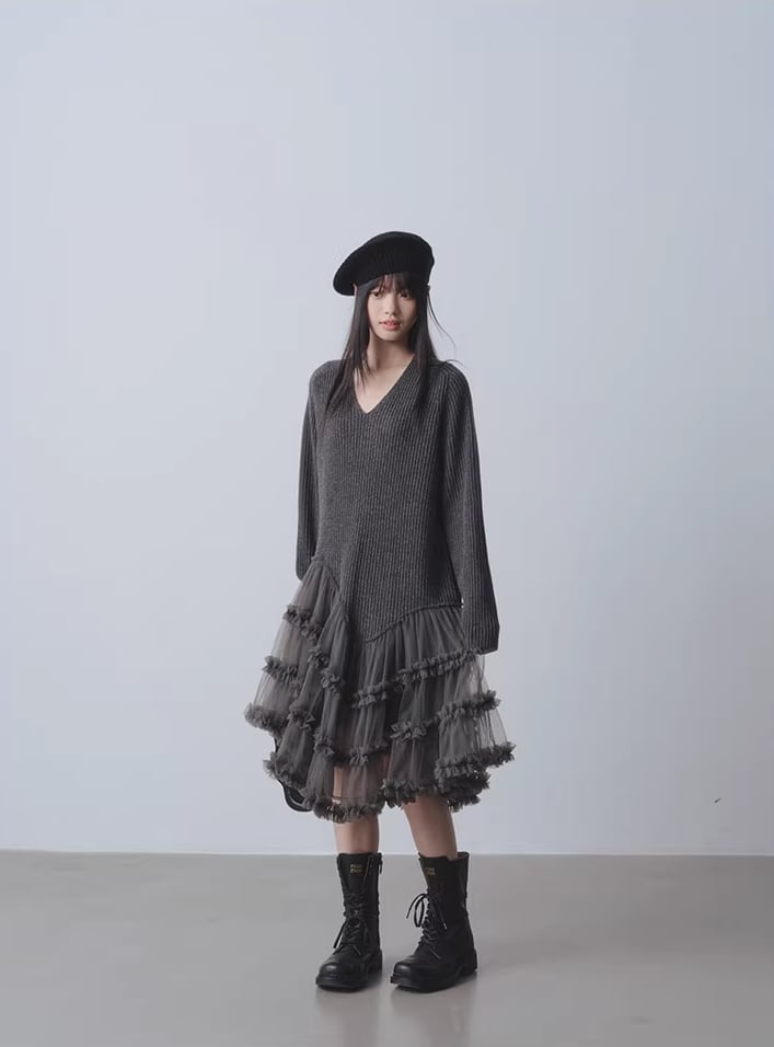【dress】チュールドッキングウールワンピース Q7963