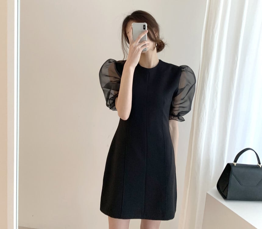 【dress】チュールスリーブ切り替えワンピース　M23986