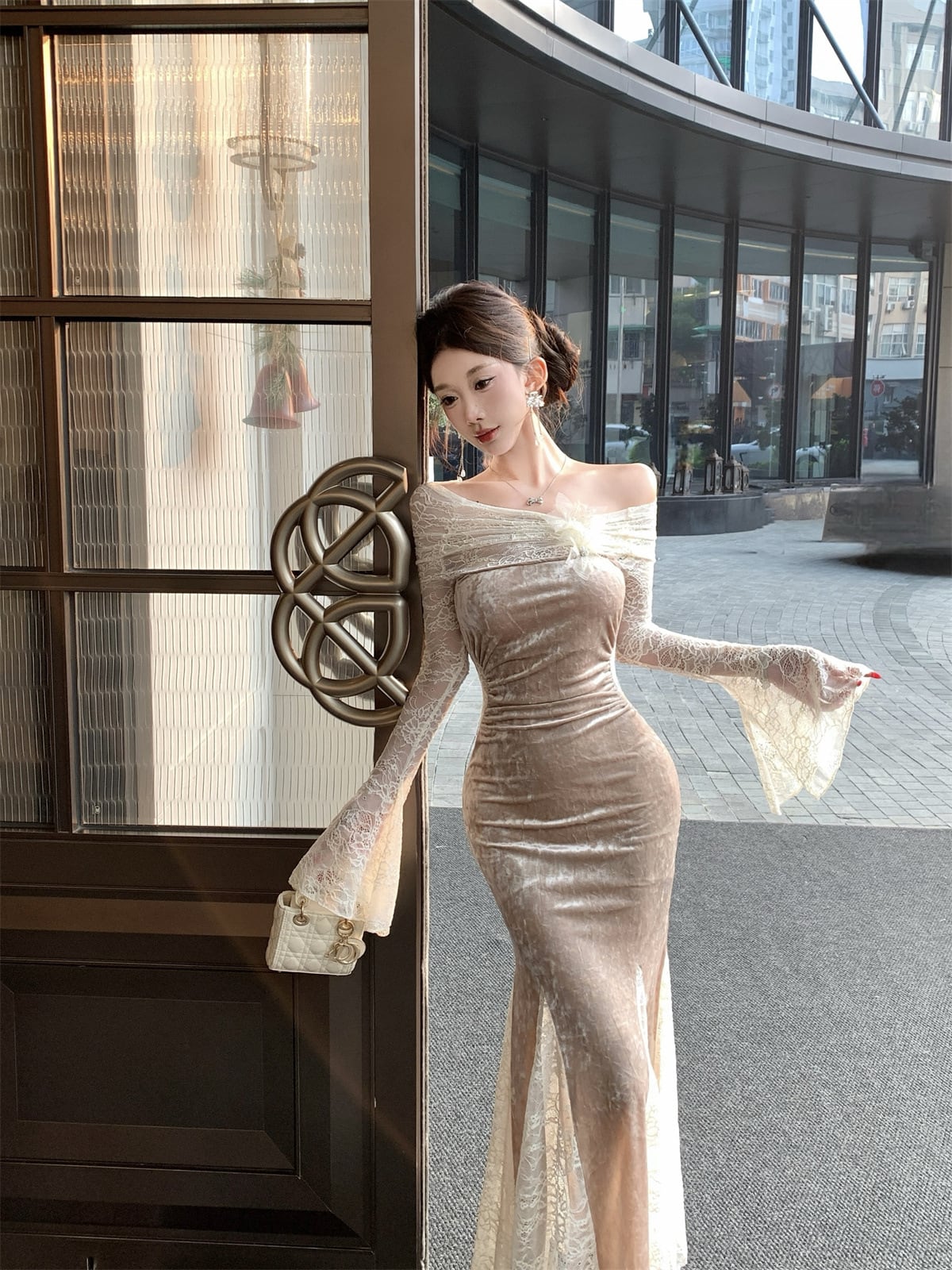 【dress】オフショルダーレースマーメイドワンピース Q7879