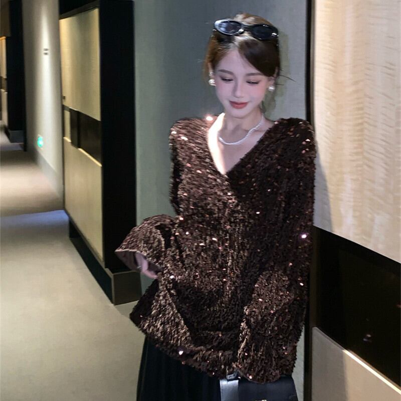 【tops】スパンコールVネックトップス　M28576
