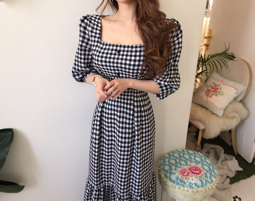 【dress】優しい雰囲気気質満点レトロスクエアネック着痩せ5分袖チェック柄ワンピース G1641