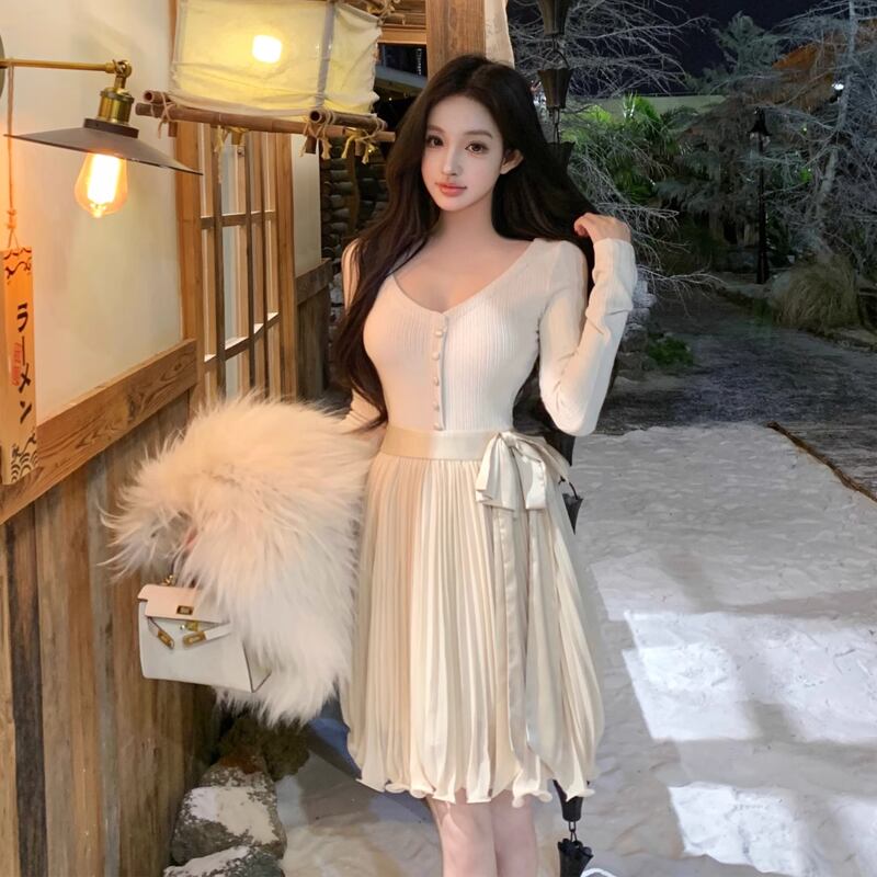 【dress】リボン付きプリーツニットワンピース Q7283