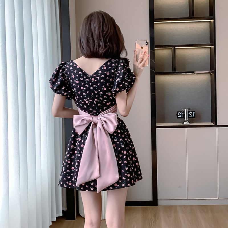【dress】リボン付き花柄ワンピース　M24337