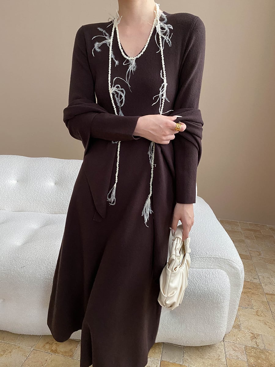 【dress】ショール付きニットワンピース Q7003