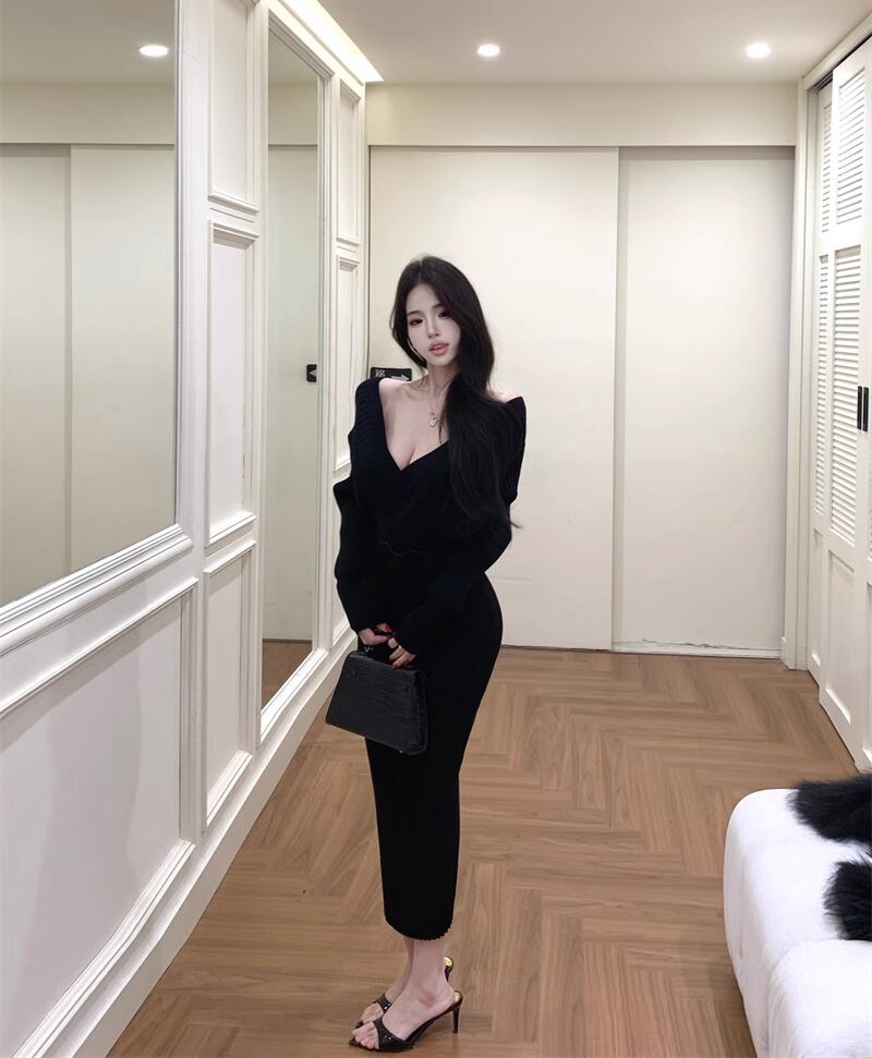 【dress】クロスネックニットワンピース Q7545