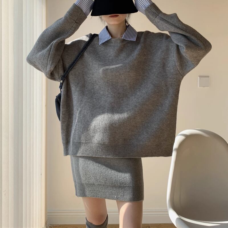 【set】フェイクレイヤードニットトップス×ミニスカートセット Q6963