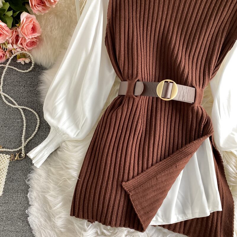 【set】好感度UP!気質満点レトロ韓国系着痩せニットベスト+シャツ２点セット G1682