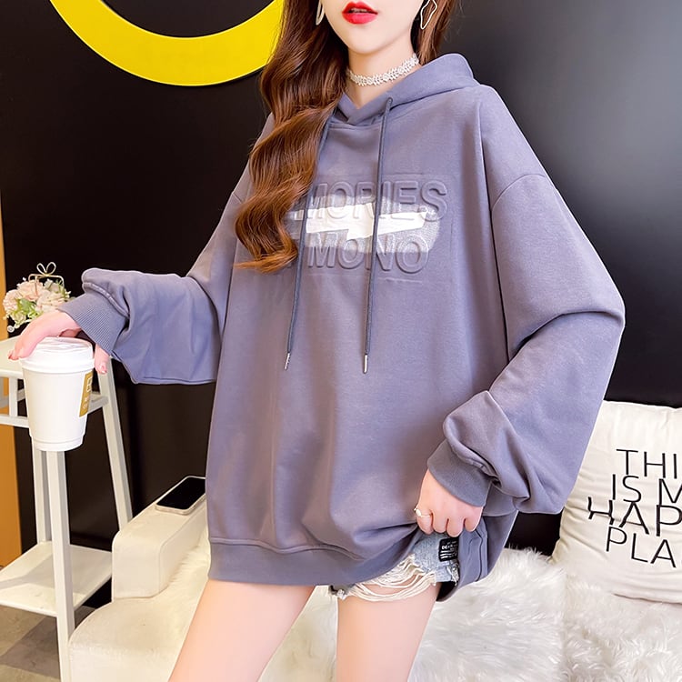 【tops】2色英字柄INS風フード付き長袖ゆったり着回しパーカーF0709
