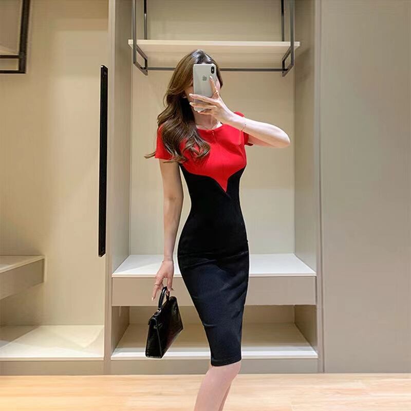 【dress】早い者勝ち夏新作2色ラウンドネック半袖配色韓国ファッションタイトワンピースF2630